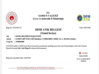 Bafra Belediyesi’ne 'Sıfır Atık Belgesi'
